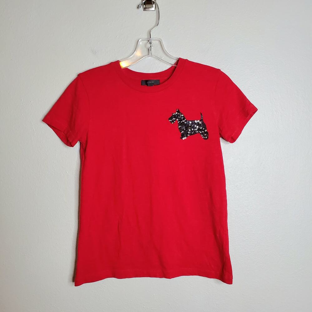 J. Crew Sequin Dog Shirt Sleeve T-Shirt  XXS Red Black Crew Neck Animal Preppy